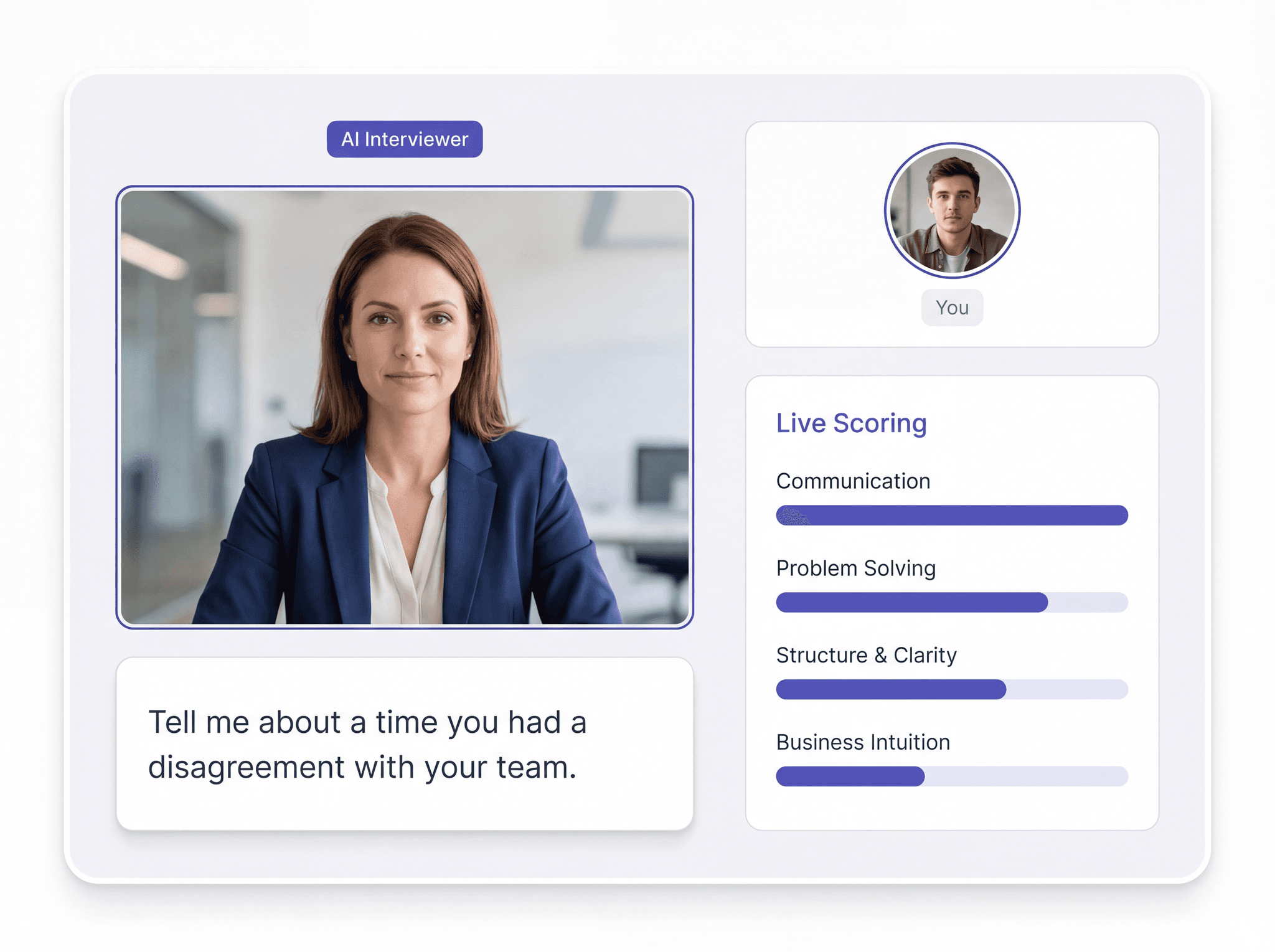 AI mock interview session showing live scoring